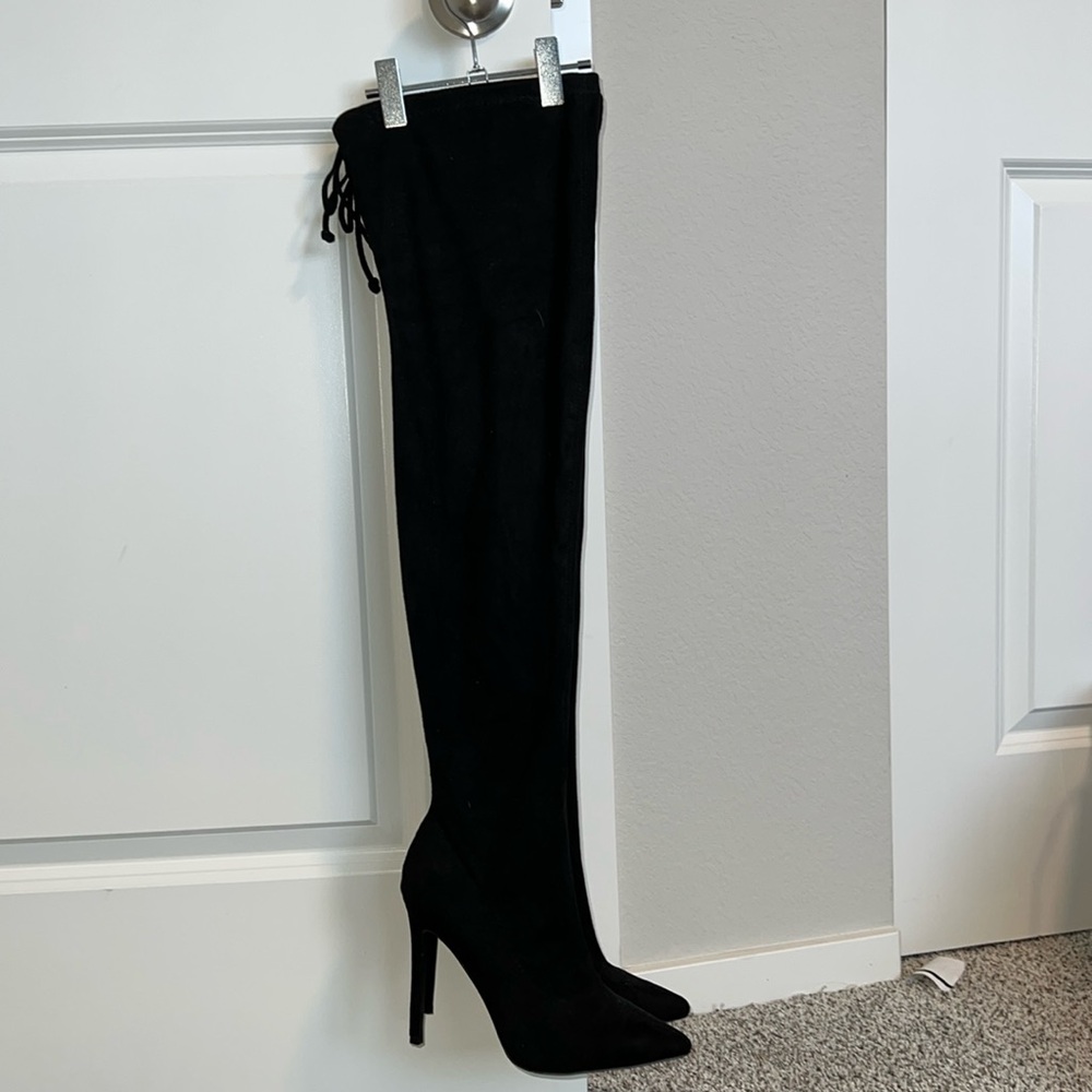 Black suede thigh high boots